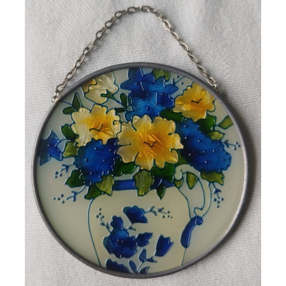 Stained Glass Suncatcher Flowers Vase 3.75" On Chain Window Vintage Blue Yellow